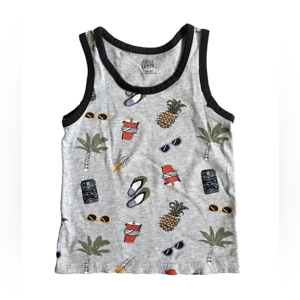Falls Creek XS (5) Boys Tank Top Gray Vacation Themed Palm Trees Black Trim